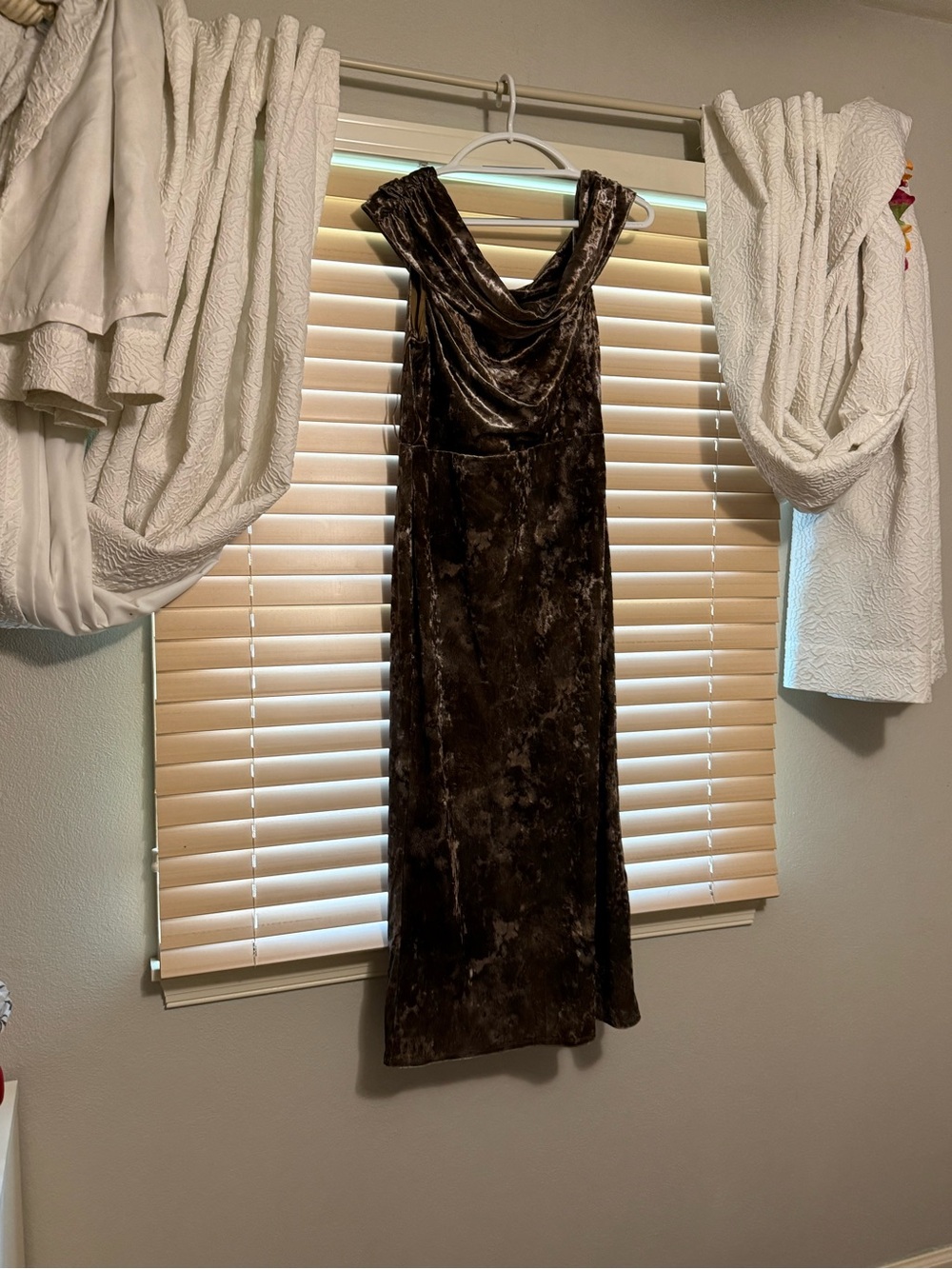Moon River Crushed Velvet Off the Shoulder MIDI Dress - Brown